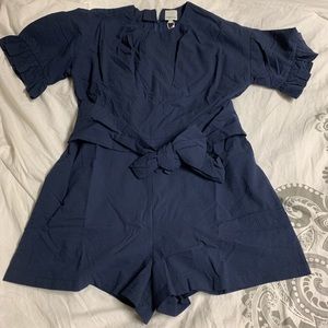 Mink pink Navy seersucker romper, size L